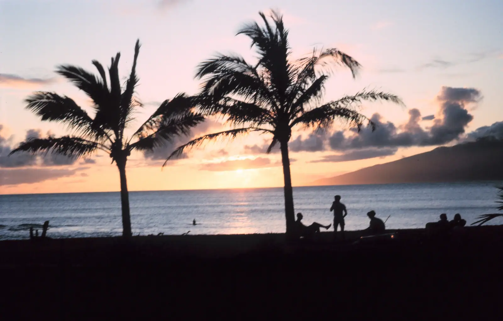 A short crescent of pale sand backed by palms, with low rocky points at either end